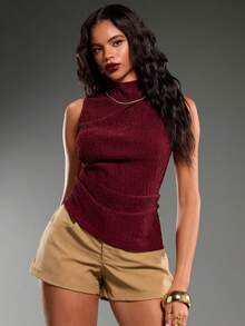 Normani Women's Solid Color Pleated Collar Fitted Fashion Tank Top - Burgundy - View 4