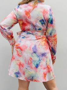 SHEIN Privé Plus Size Women Tie-Dye Print Side Knot Long Sleeve Casual Dress - Multicolor - View 2