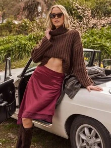 Aralina 女士圣诞感恩节派对酒红色休闲Y2K秋冬缎面层叠下摆中长裙，侧边系带设计，完美适合教师节、乡村音乐会、秋冬季节等场合。 - 紫色 - 查看 6