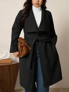 SHEIN LUNE 大码女式纯色翻领长袖开襟休闲羊毛混纺外套，秋冬款 - 黑色 - 查看 7