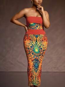 Slaydiva Plus Size 2 Pieces Set Red Sequin,Summer,Boho,Party Bohemian Colorblock Print Women's Music Festival,Western,Nashville Style,Vacation,Beach Outfit - Multicolor - View 11