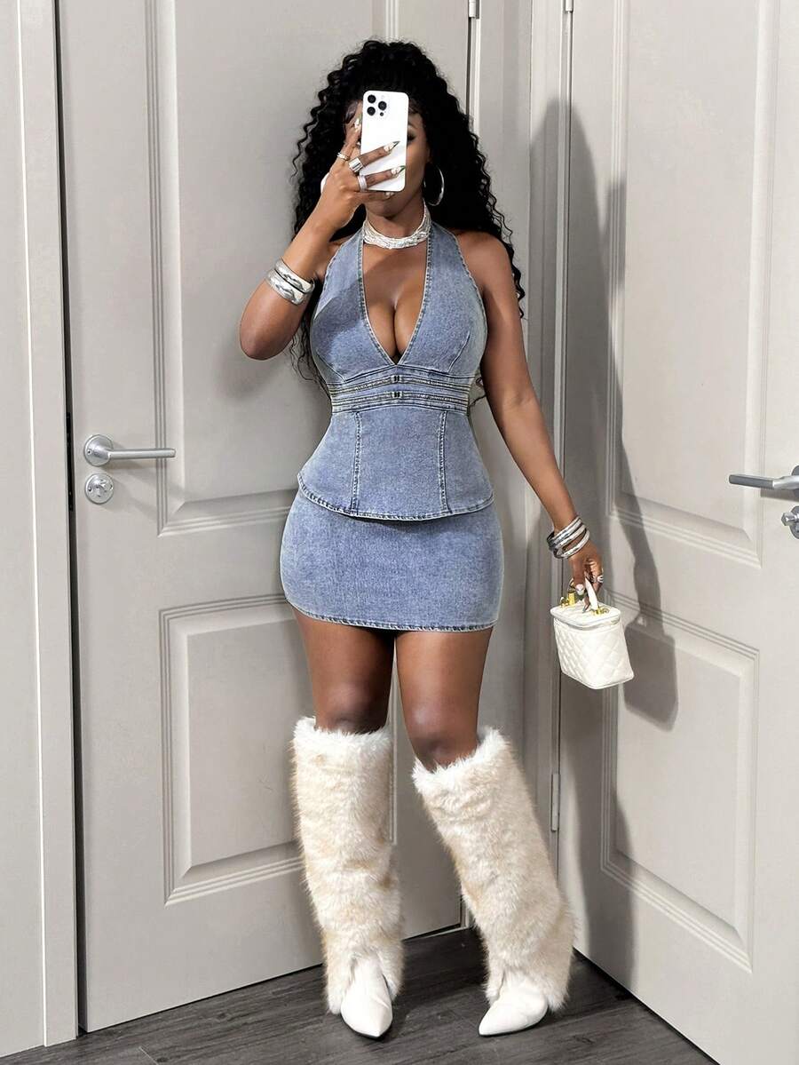 Slaydiva 女士牛仔吊带上衣+迷你裙套装 - 淺色水洗藍 - 查看 1