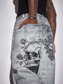 ROMWE MEN Goth 男士宽松休闲骷髅印花口袋阔腿牛仔裤 - 灰色 - 查看 3