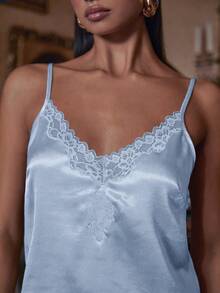 Athîral Women's Elegant Satin Contrast Lace Blue Camisole,Tank Top - Baby Blue - View 1