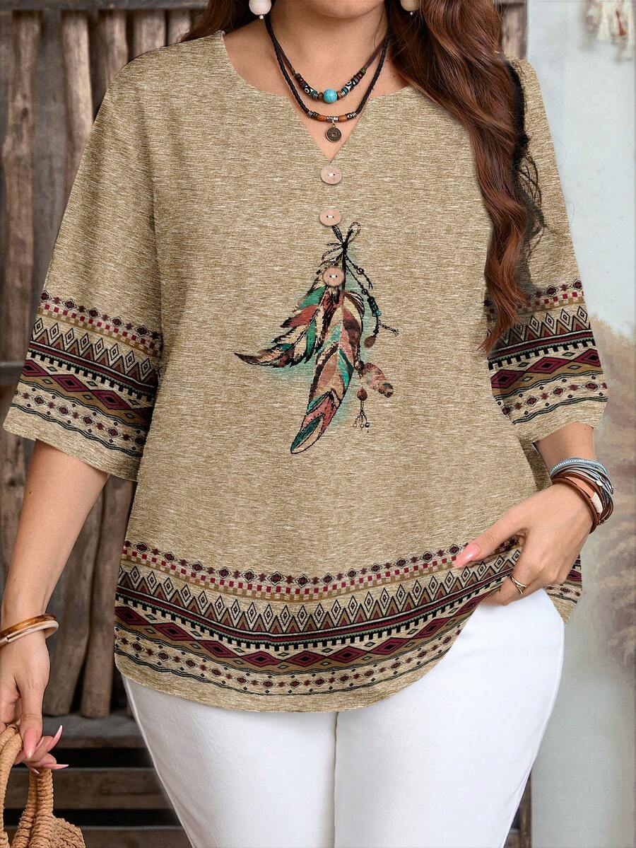 EMERY ROSE Plus Size Women Casual Retro Pattern All-Over Print Loose Fit Round Neck 3/4 Sleeve Shirt, Suitable For ,Flower/Spring/Summer/Vacation - Khaki - View 1