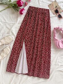 Soleia 女式碎花休闲开衩裙 - 酒紅色 - 查看 6