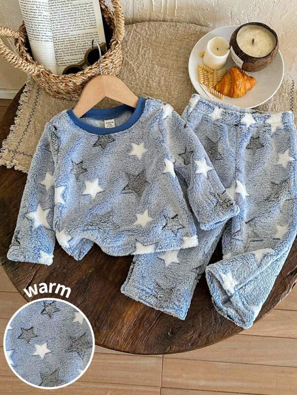 LMoss Kids 2pcs Baby Boy Star Pattern Long Sleeve Top And Pants Set, Casual Versatile Thick Thermal Lined Outfit For Autumn/Winter,Cozy Fall & Winter Styles