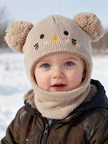 Cozy Pixies 1 Pc Balaclava Pom-Pom Black Newborn Balaclava Ski Mask Toddler Beanie Double Balls Baby Girls Boys Beanies Kids Winter Warm Hats Children Knit Beanies - Beige - View 3