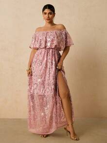 Travachic Vestido maxi elegante y romántico de hombros descubiertos con mangas de murciélago en color rosa para mujeres de talla grande para fiestas y días festivos - Rosa - Ver 3