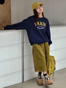 DAZY Tween Girls Crew Neck Knit Fleece Sweatshirt With Embroidered Letter - Navy Blue - View 8