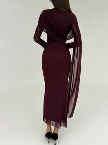 Aloruh Women's Elegant Ruffle Long Sleeve Bodycon Dress, Autumn Burgundy - Purple - View 5