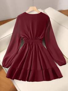 GlowEve CURVE Plus Size Elegant Solid Color Lantern Sleeve Dress, Suitable For Commuting - Burgundy - View 2