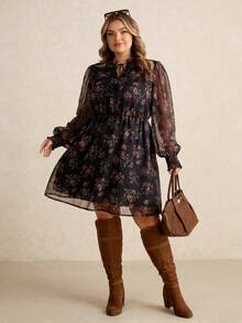 SHEIN CURVE+ Đầm dài tay cổ buộc tua rua họa tiết hoa cỡ lớn cho nữ, thời trang mùa thu - Nhiều màu - Xem 7