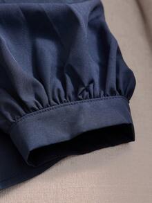 Rusticease Plus Size Women's Solid Color Round Neck Long Sleeve Button Design Pleated Casual Shirt - Navy Blue - View 5