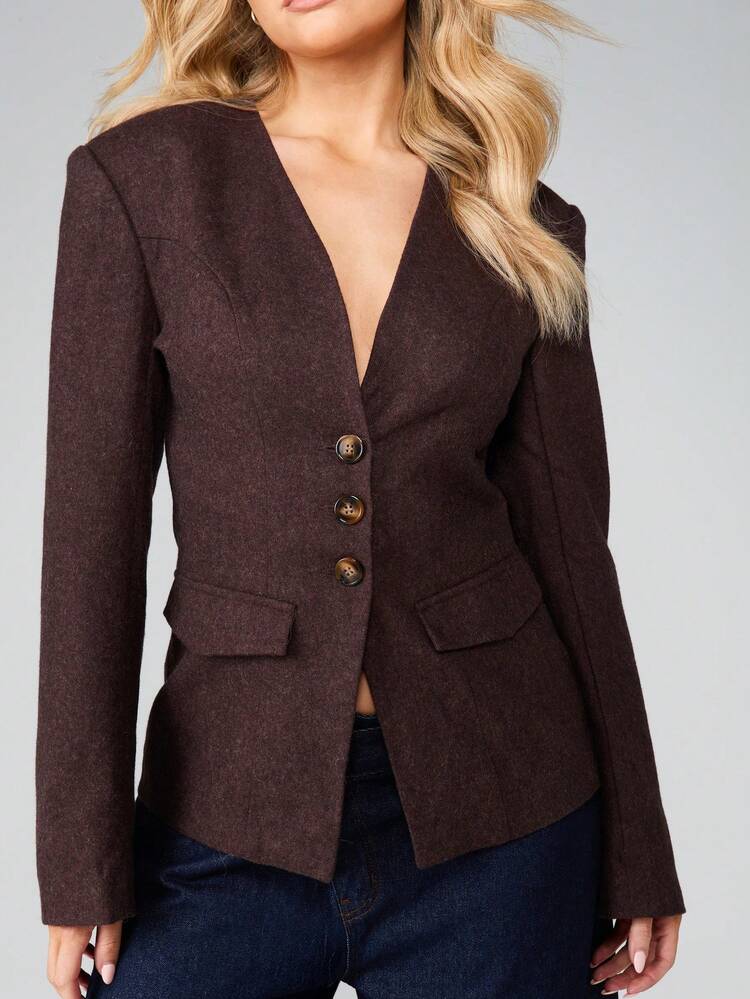 MISSGUIDED Classic Wool Collarless Blazer With Button Front And Flap Pockets For Professional Office Wear