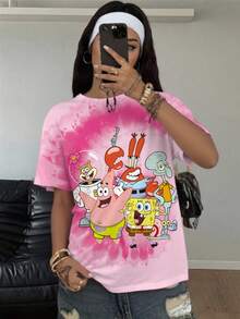 SpongeBob SquarePants | SHEIN Camiseta de manga corta con cuello redondo, estampado de dibujos animados y teñido anudado, talla grande, para verano - Blanco - Ver 8