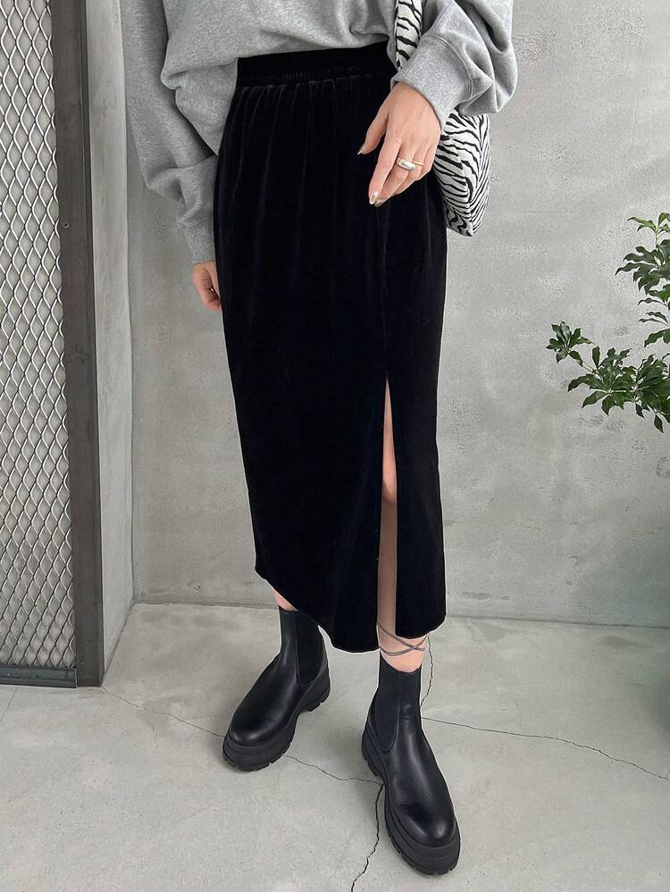 Tall Women's Velvet Fabric High Slit Skirt