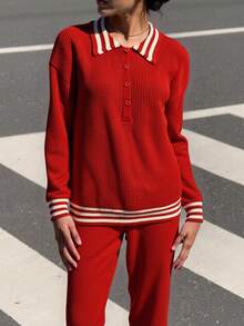 Franclia Women's Autumn And Winter Sweater, Christmas Red Business Casual Women's Polo Collar Button Long-Sleeved Pullover Top, Fitted Top Paired With Straight Loose Ribbed Trousers, Soft Knit Two-Piece Set For Commuting, Women's New Year's Clothing, Women's Winter Suit. - Red - View 7