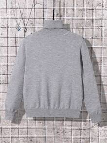 SHEIN كنزة صوفية كاجوال بياقة عالية بأكمام طويلة ذات لون واحد للفتيان المراهقين، خريف/شتاء - رمادي فاتح - مشاهدة 2