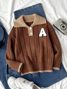 SHEIN 男童厚字母贴花半拉链针织衫，长袖，秋冬款 - 咖啡棕 - 查看 1