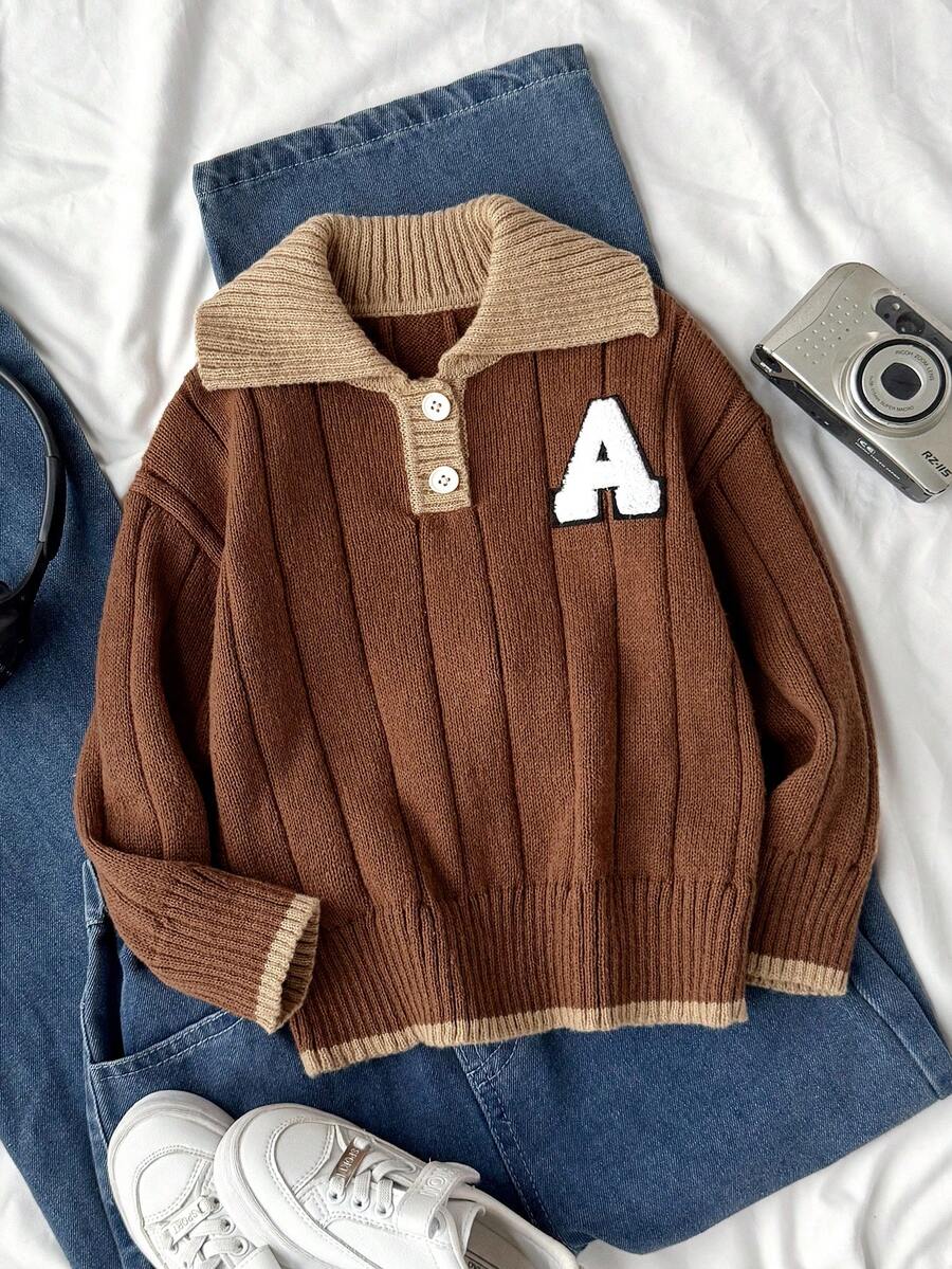 SHEIN 男童厚字母贴花半拉链针织衫,长袖,秋冬款 - 咖啡棕 - 查看 1