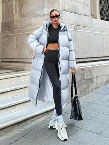 EURMUSE Contrast Zip And Puller Detailed, Keep Warming Feature Long Line Puffer Winter Coat - Baby Blue - View 5