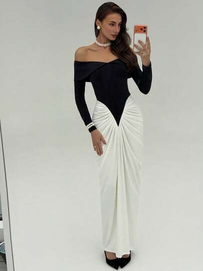 Aloruh Women's Contrast Color Off-Shoulder Ruffle Elegant Long Sleeve Dress