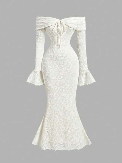 SHEIN MOD Robe moulante femme avec épaules dénudées, manches longues et nœud devant, robe pour le Nouvel An, robe de fête du Nouvel An, robe de la Saint-Valentin