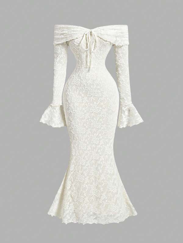 SHEIN MOD فستان نسائي ضيق الجسم بأكمام طويلة وياقة مكشوفة الكتف مع ربطة أمامية، فستان رأس السنة الجديدة، فستان حفلة رأس السنة، فستان عيد الحب