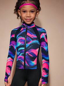 SHEIN Young Girls Printed Sports Jacket, Vibrant Multi-Color Knit Pattern Long Sleeve High-Elastic Gym Top, Fashionable Autumn Outdoor Activewear Coat - Multicolor - View 1