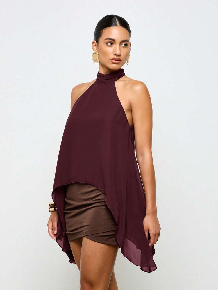 Halterneck Waterfall Asymmetrical Sleeveless Blouse