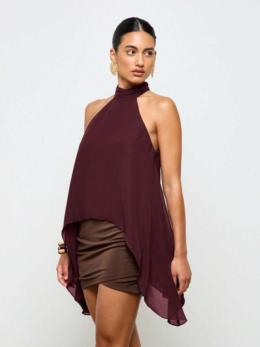AiiRZ Sleeveless Halterneck Waterfall Asymmetrical Blouse Summer Evening Party Top - Burgundy - View 1