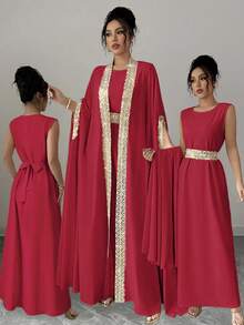 Rafferiza 女士贴花缎带蝙蝠袖睡袍和无袖连衣裙优雅两件套 - 紅色 - 查看 8