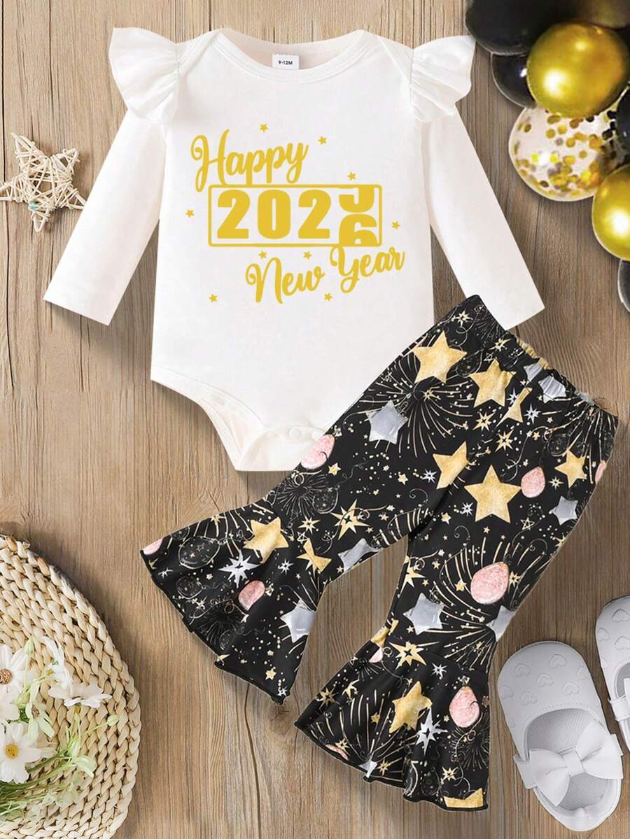 2件套女婴2026新年烟花字母印花圆领长袖荷叶边下摆连体衣和喇叭裤套装,时尚简约,适合新年、春季和秋季穿着。 - 彩色 - 查看 1
