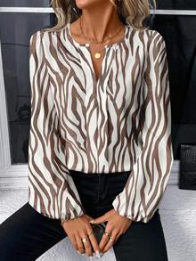 EMERY ROSE Women's Casual Minimalist Zebra Print V-Neck Lantern Sleeve Blouse, Suitable For Spring And Autumn New Year Party,Casual - Multicolor - View 4