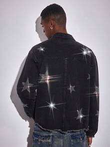 ROMWE MEN Men's American Street Style Star Rhinestone Denim Jacket - Black - View 2