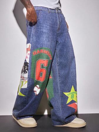 Street Life Men's Numeric Print Pocket Wide Leg Loose Relaxed Fit Flared Jeans