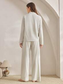 Ocili Set de pijamale din in cu dungi și guler cu nasturi, confortabil, mânecă lungă și pantaloni, toamnă elegantă