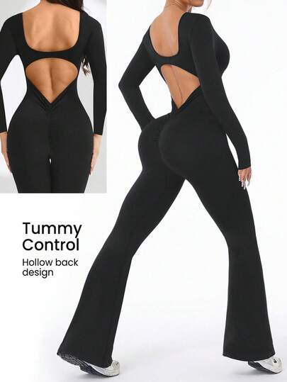 Easithlete Seamless High Elasticity Back V-Lift Sports Jumpsuit, Black Long Sleeve Jumpsuit Full , Black Long Sleeve Jumpsuit