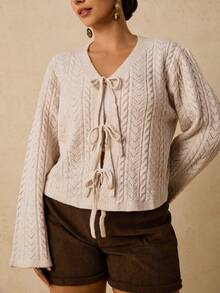 SHEIN VCAY Plus Size Women Solid Color Long Sleeve Front Tie Hollow Out Casual Knit Cardigan/Winter - Beige - View 7
