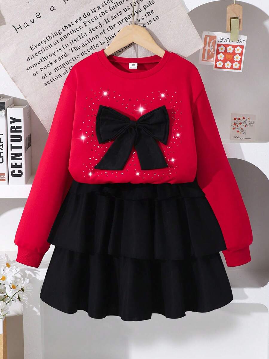 SHEIN Rok Kue Warna-warni dengan Hiasan Pita Rhinestone 3D untuk Remaja, Cocok untuk Pakaian Kasual dan Sehari-hari Siswi Sekolah - Burgundy - View 1