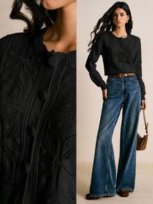 Poéselle 新款休闲宽松复古简约设计女式针织开衫 - 黑色 - 查看 1