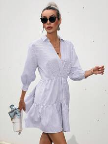 Aveloria Modichic 条纹印花荷叶边下摆宽松连衣裙，女士优雅连衣裙 - 紫色 - 查看 6