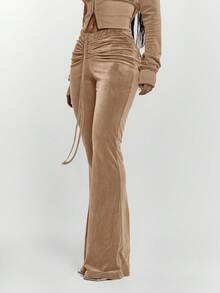 MUSERA Quần ống loe ôm sát, cạp thấp, chất liệu nhung, có dây rút, xếp ly phía trước, chỉ bán phần dưới, thích hợp để đi chơi đêm, phong cách đường phố dễ thương, quần casual mùa hè. - màu nâu - Xem 3