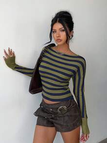 Aloruh 女士秋冬新款高领长袖黄色条纹修身罗纹毛衣 - 軍綠色 - 查看 5