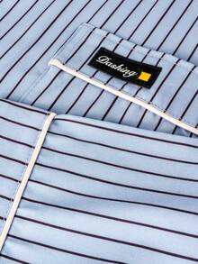 SHEIN 蓝色底黑色条纹印花翻领开襟轻薄睡衣长袖长裤男士睡衣套装，秋冬季，秋季服装 - 藍色 - 查看 6