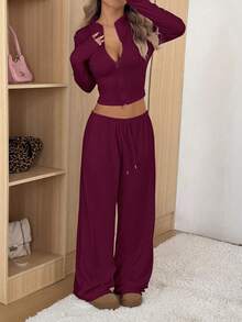 SHEIN EZwear 女士修身夹克和裤子休闲套装 - 酒紅色 - 查看 5