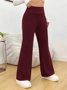 SHEIN PETITE CURVE Plus Size Solid Color Flare Leg Sweatpants - Burgundy - View 3