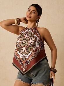 Travachic Top de tirantes finos con estampado floral de estilo bohemio y cuello halter casual para vacaciones, talla grande para mujer - Multicolor - Ver 4