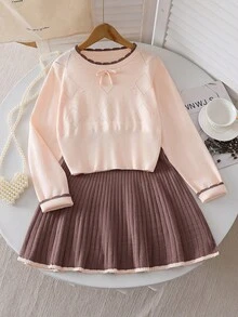 Elladie kids 女童休闲长袖毛衣上衣和裙子套装（2件套），大码 - 杏色 - 查看 7